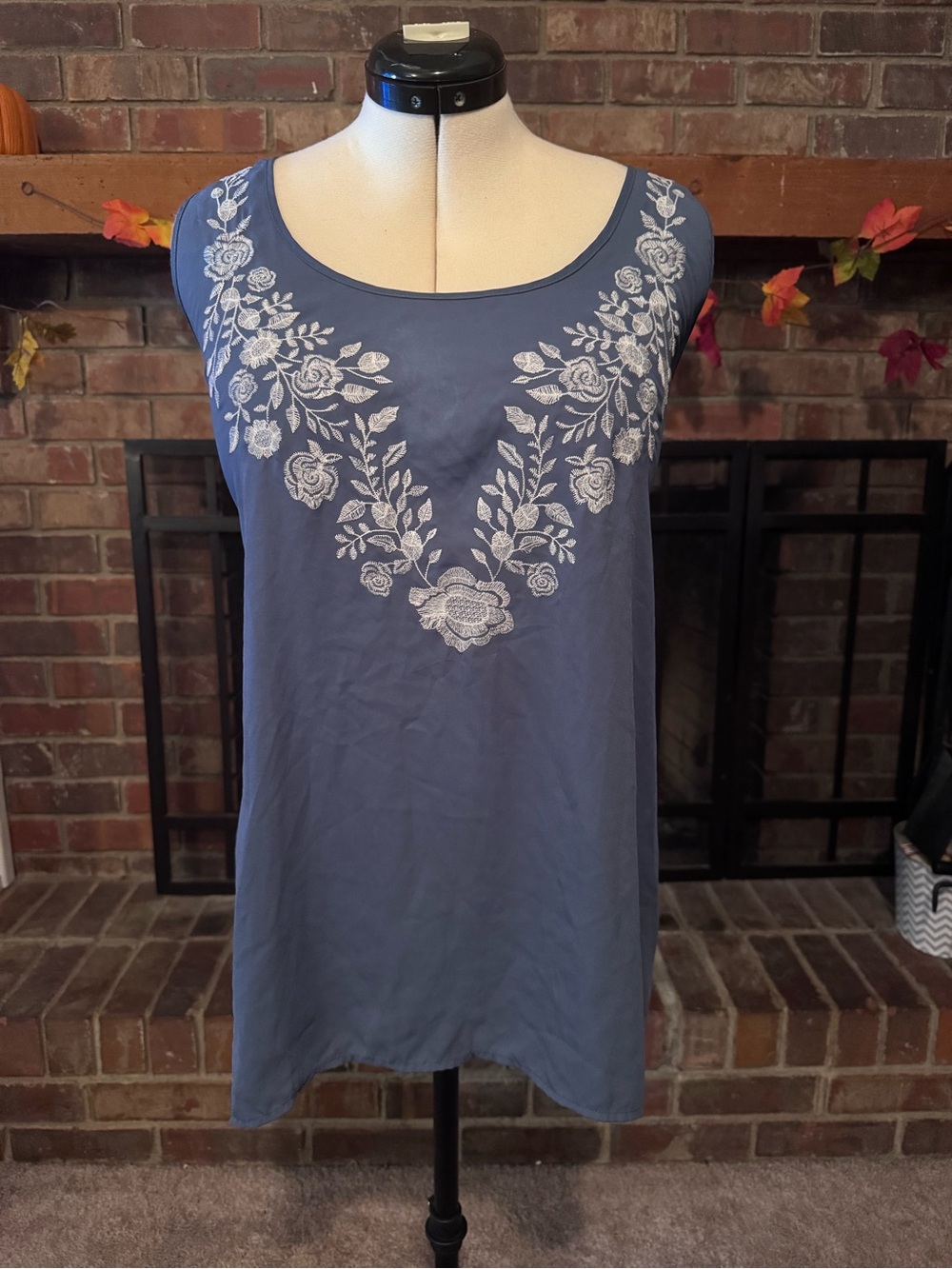 torrid Blue Sleeveless Tunic with White Floral Embroidery